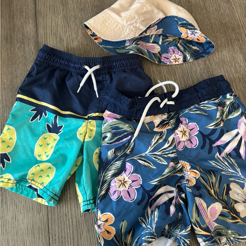 Tropical Print Swim Shorts and Hat Set
